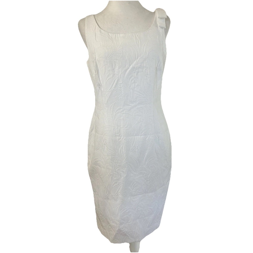 Talbots Petites Vtg White Matelassé Piqué Sheath Dress with Shoulder Bow Sz 8P